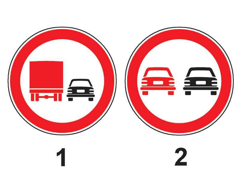 Care dintre indicatoarele alăturate interzice conducătorilor de autocamioane ce transportă marfă să depăşească autoturisme?