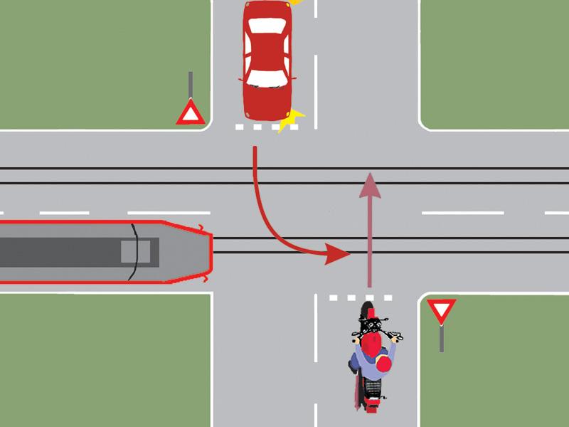 Care dintre cele trei vehicule va trece ultimul prin intersecție?