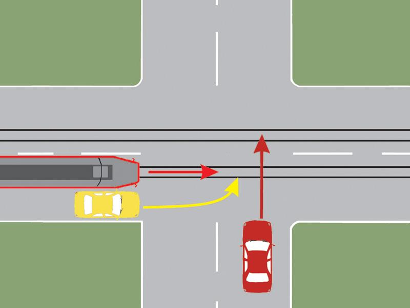Care dintre cele trei vehicule trece primul prin intersecție?